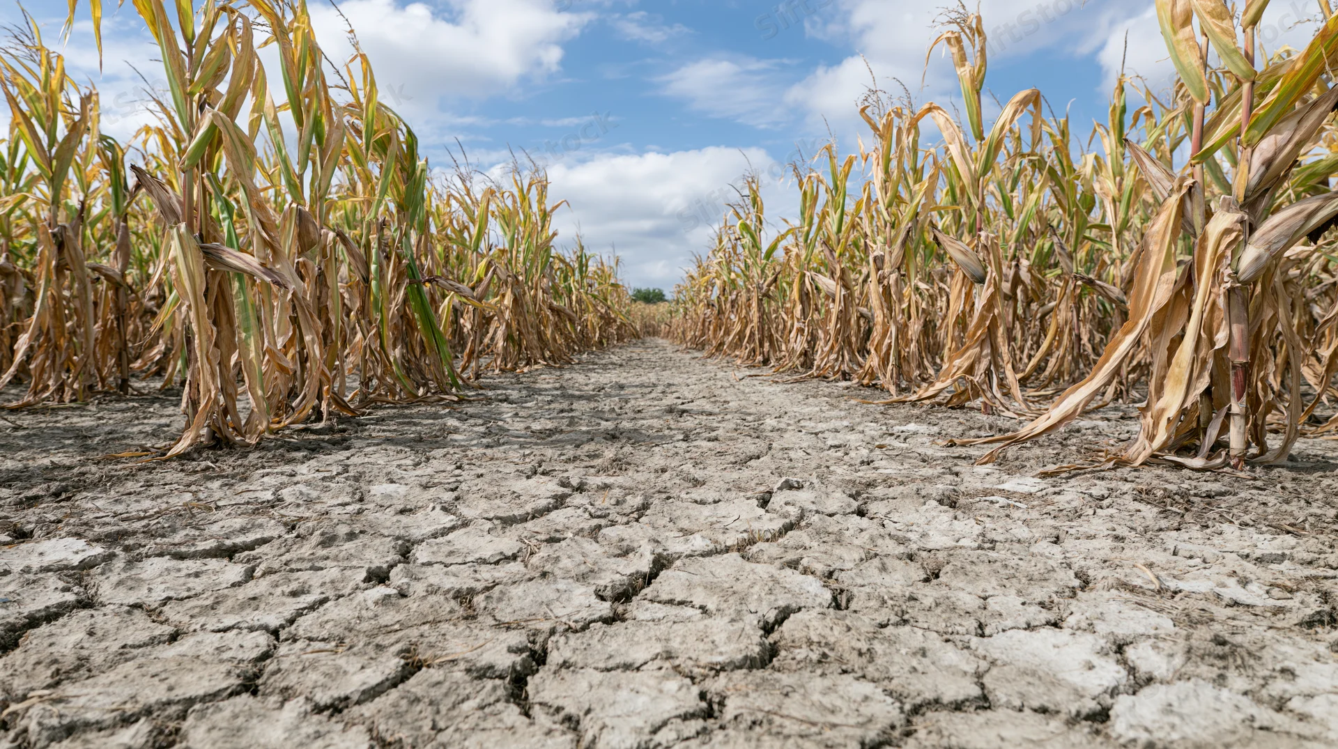 Dried corn stalks with yellowing leaves in a cracked soil field under a blue sky