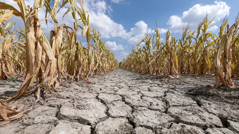 Dried corn stalks with yellowing leaves in a cracked soil field under a blue sky
