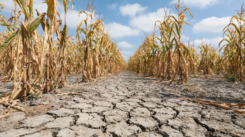 Drought-stressed corn stalks with yellowing leaves in a cracked soil field