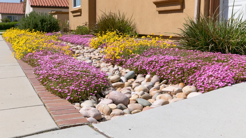 Drought-tolerant front yard garden with blooming pink and yellow ice plants bordered by rocks and bricks along a sidewalk