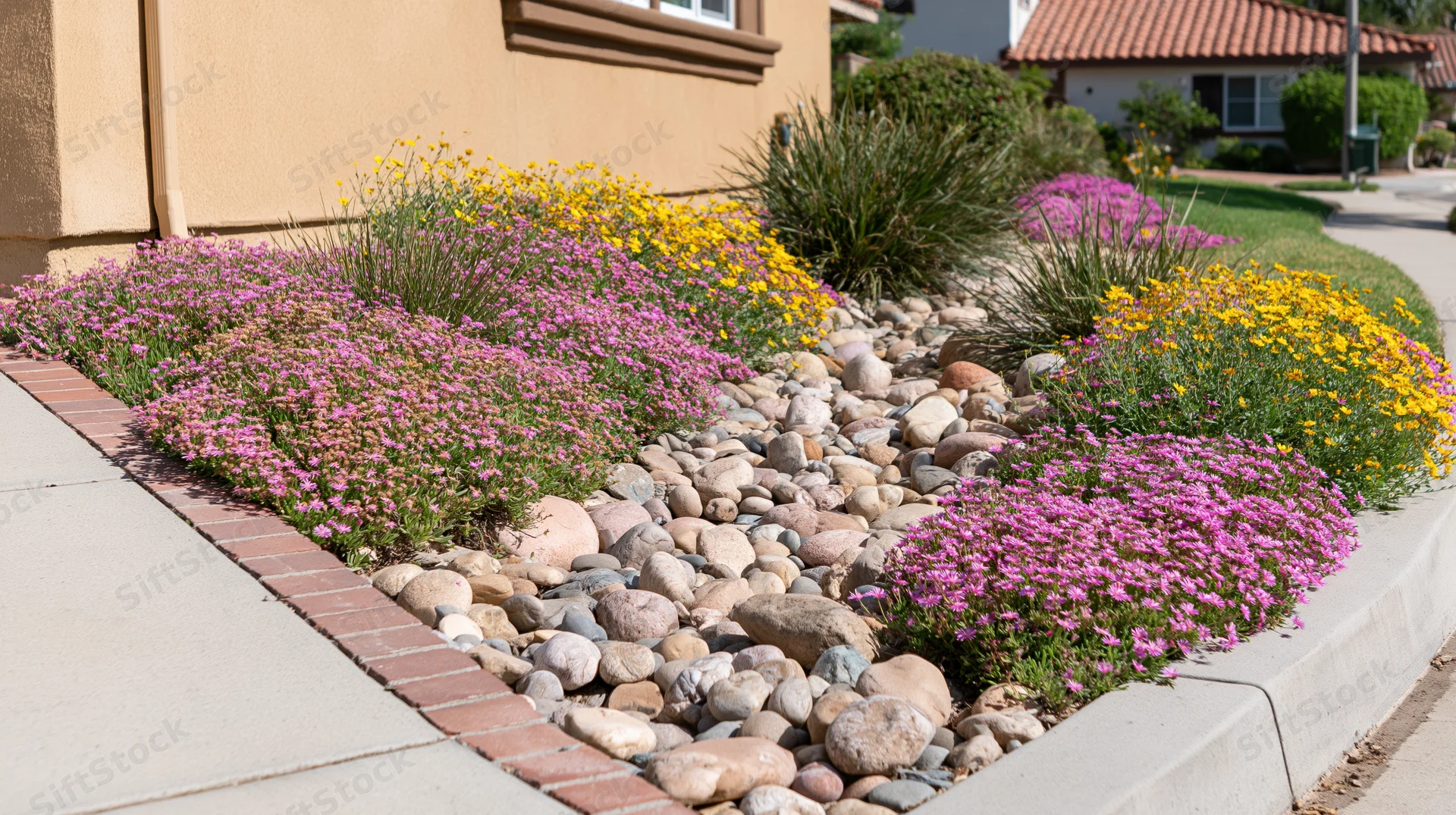 Drought-tolerant front yard garden with blooming pink and yellow ice plants bordered by rocks and bricks along a sidewalk