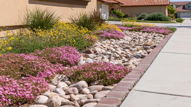 Drought-tolerant front yard garden with blooming pink and yellow ice plants alongside a brick-lined sidewalk in a suburban home setting