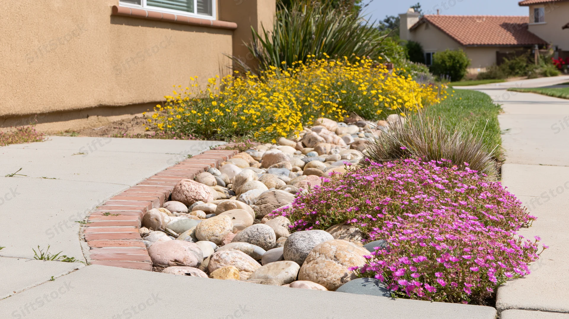 Drought-tolerant front yard garden with blooming pink ice plant and yellow flowers along a stone-lined curb beside a sidewalk