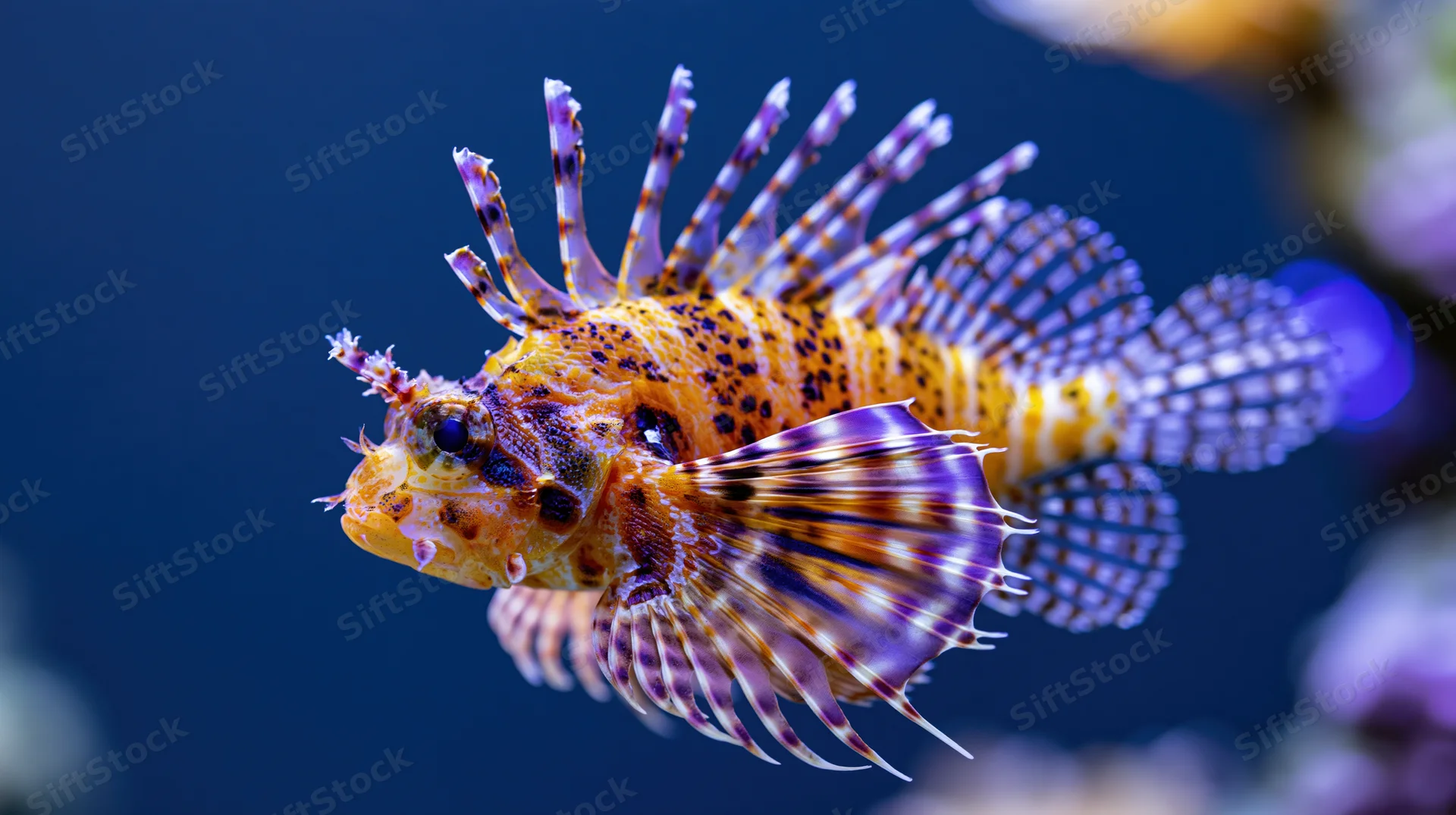 Dwarf lionfish hovering midwater with fins fully fanned against blue background