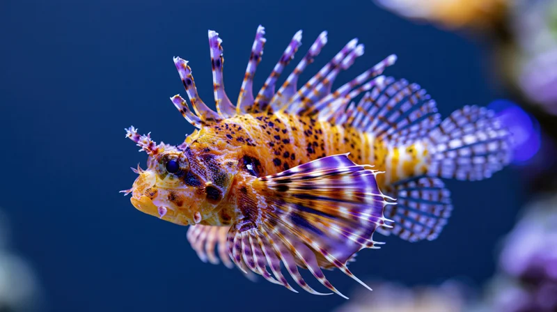Dwarf lionfish hovering midwater with fins fully fanned against blue background