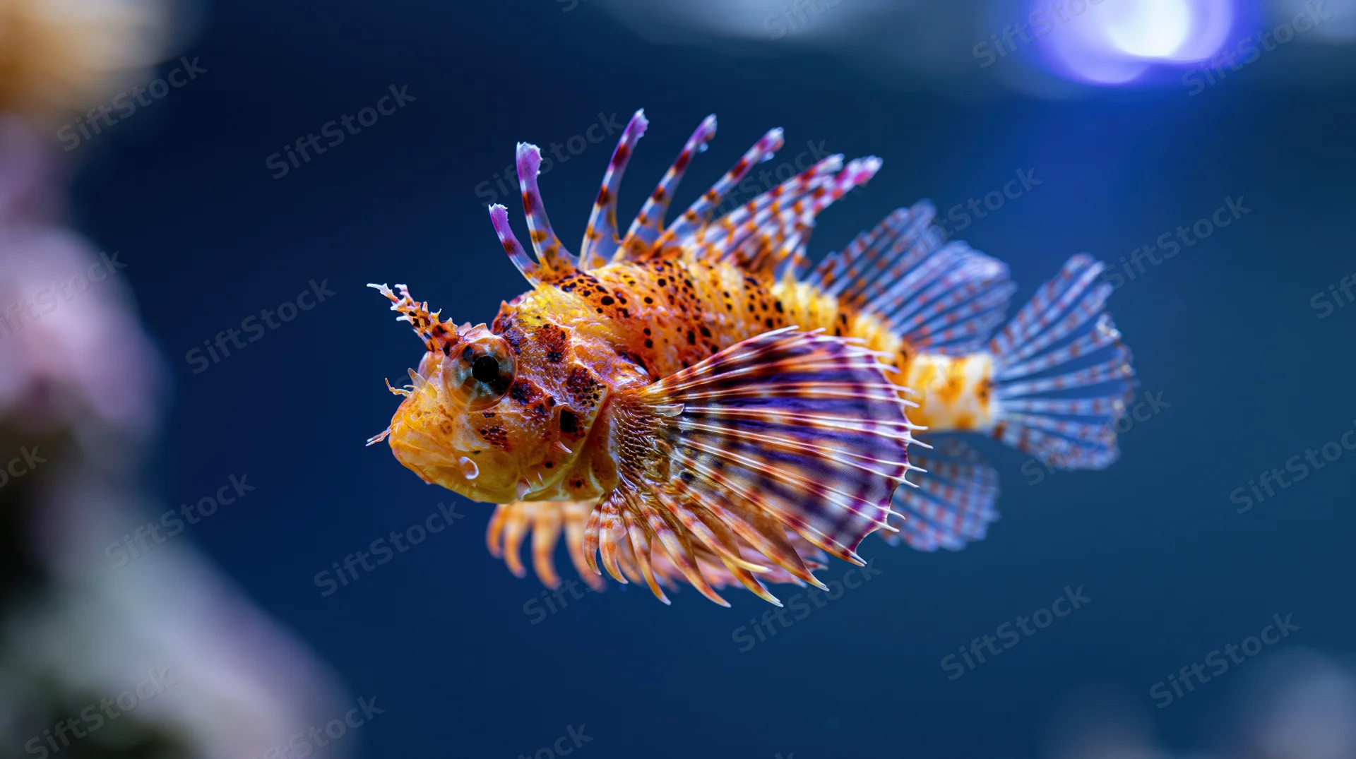 Dwarf lionfish swimming with fins fully fanned in aquarium water