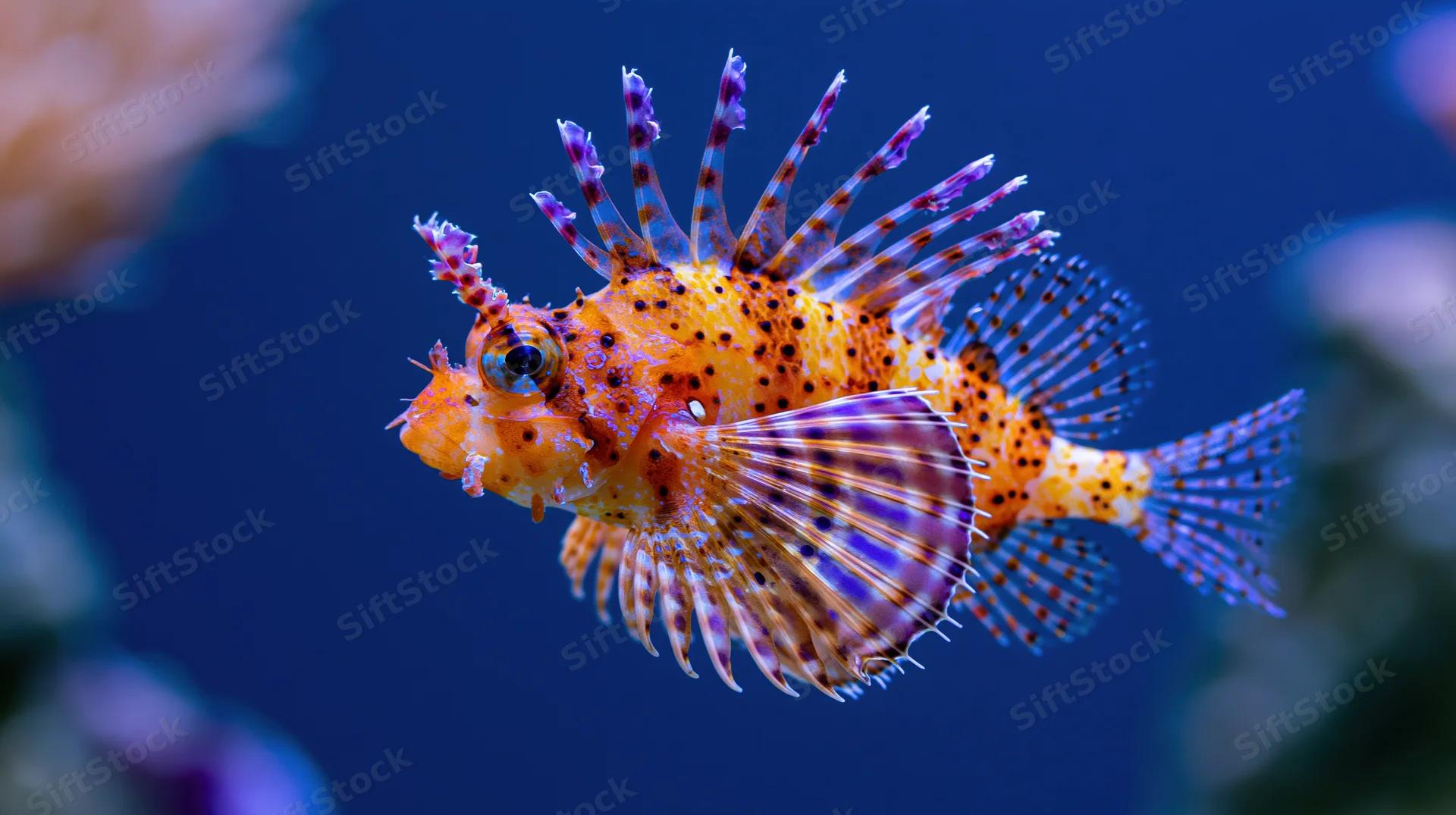 Dwarf lionfish hovering midwater with fins fully fanned in aquarium