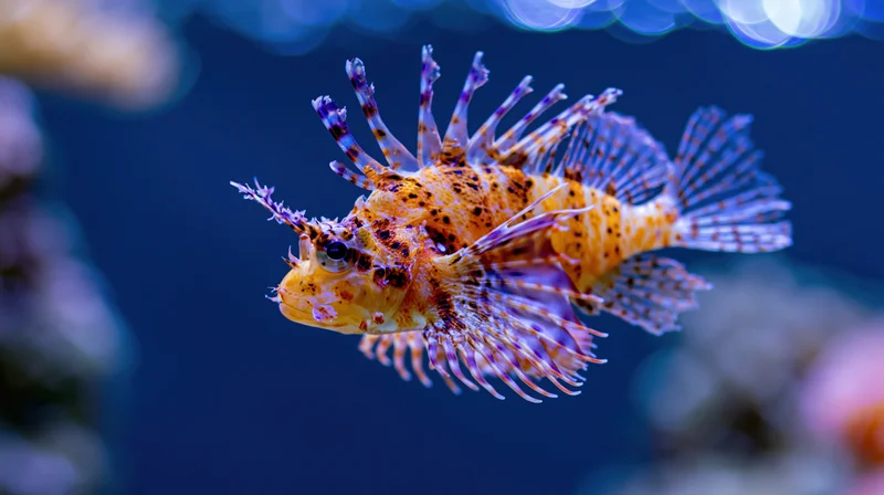 Dwarf lionfish hovering mid-water with fins fully fanned out in aquarium