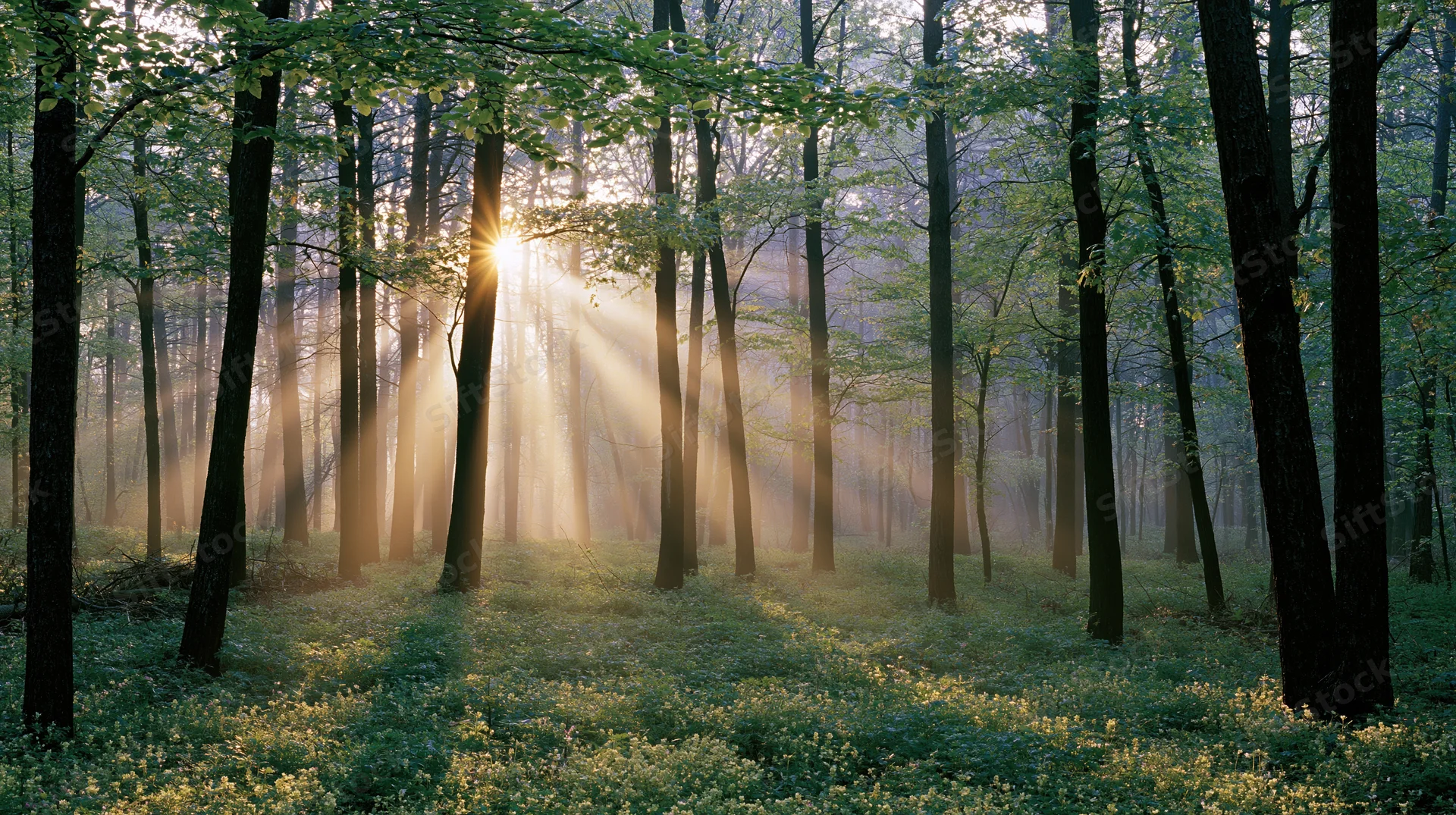 Sunlight streaming through tall trees in a misty forest at dawn