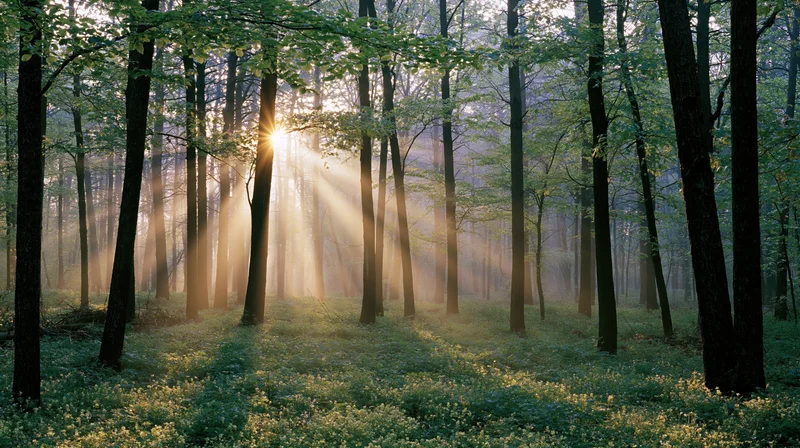 Sunlight streaming through tall trees in a misty forest at dawn