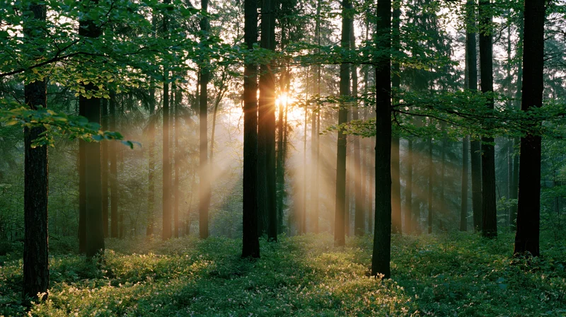 Sunlight streaming through tall trees in a misty forest at dawn