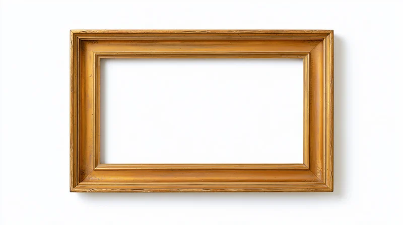 Empty antique gold picture frame with ornate narrow molding on white background