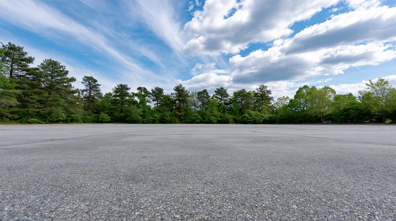 Empty asphalt parking lot stretching toward a line of green trees under a blue sky with white clouds