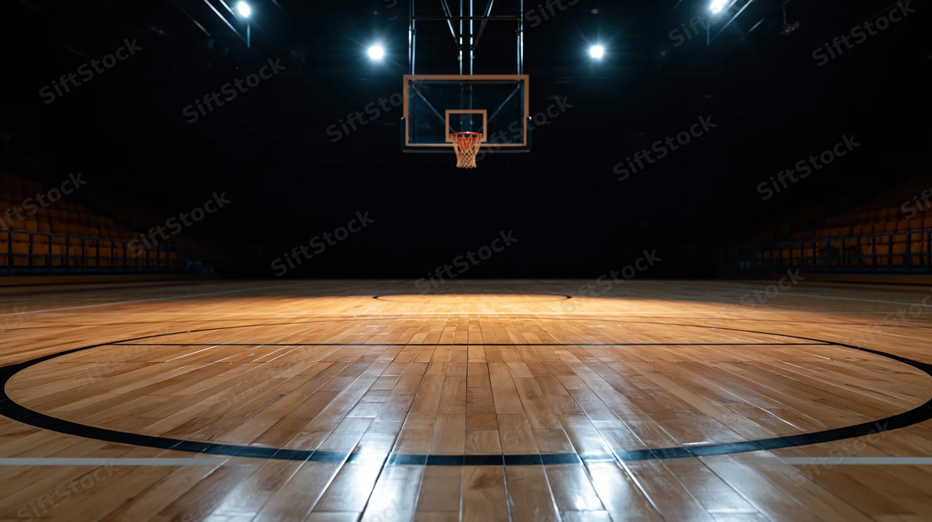 Empty basketball hoop centered on a polished hardwood court under spotlight lighting in an indoor arena