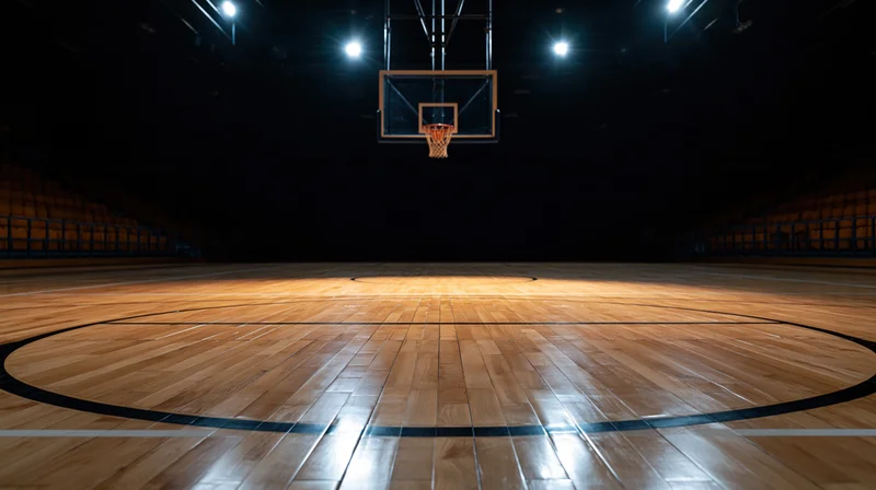 Empty basketball hoop centered on a polished hardwood court under spotlight lighting in an indoor arena