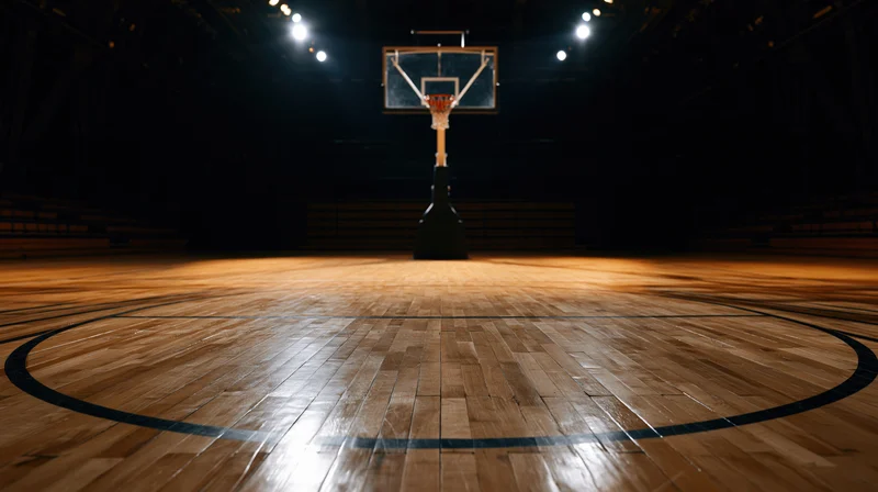Basketball hoop centered on a polished hardwood court under spotlight in an empty gym