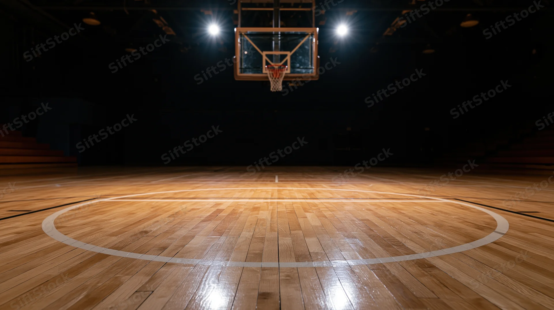 Basketball hoop centered on hardwood court under spotlight in empty gym