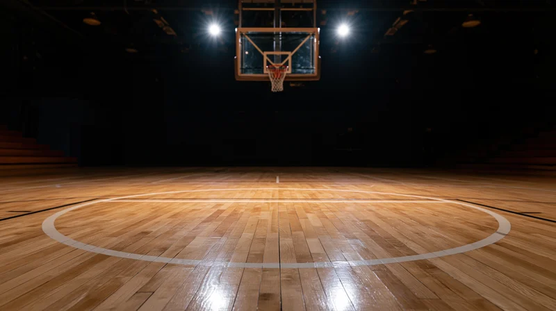 Basketball hoop centered on hardwood court under spotlight in empty gym