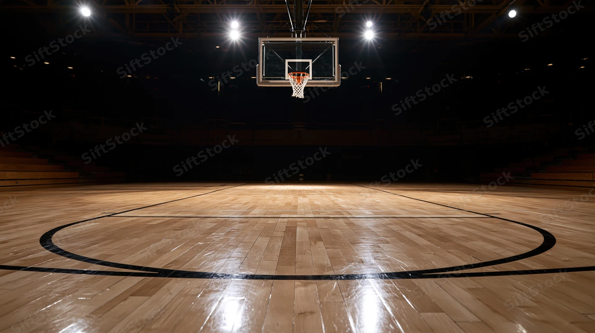 Empty basketball hoop centered on a polished hardwood court under arena spotlights