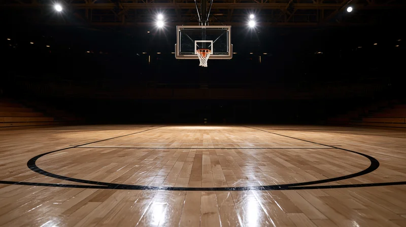 Empty basketball hoop centered on a polished hardwood court under arena spotlights