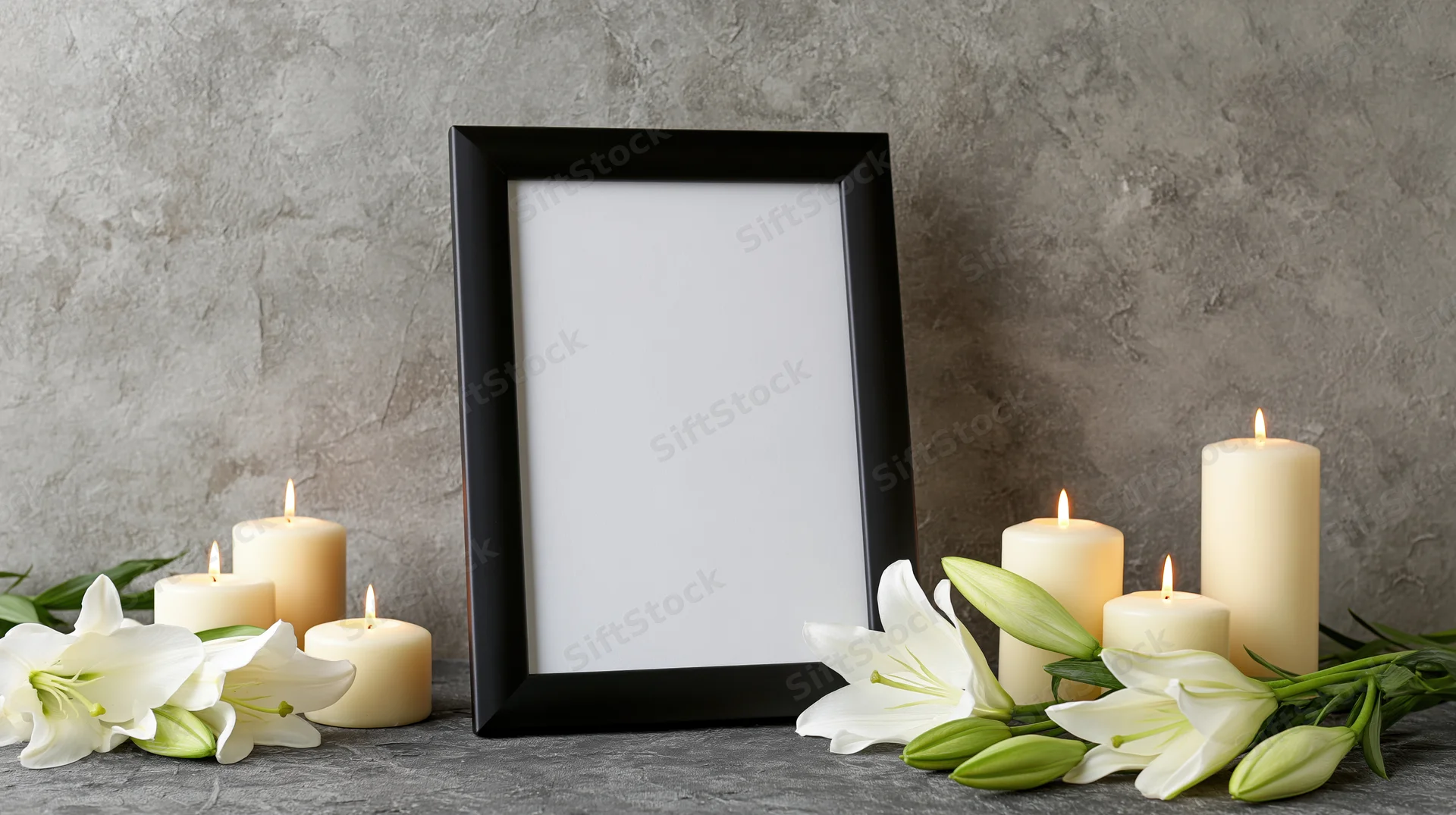 Black picture frame with blank white interior flanked by lit candles and white lilies on textured gray surface