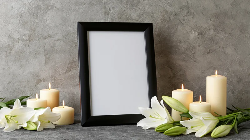 Black picture frame with blank white interior flanked by lit candles and white lilies on textured gray surface