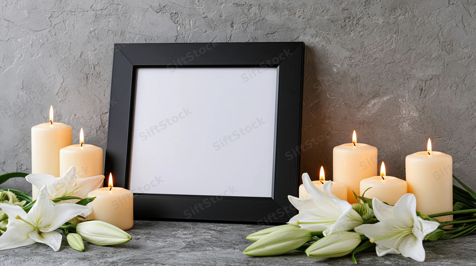 Black picture frame with blank white interior flanked by lit candles and white lilies on textured gray surface