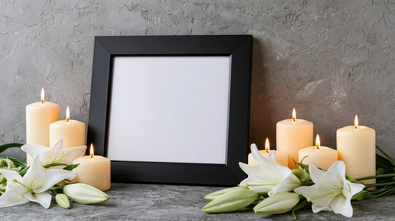 Black picture frame with blank white interior flanked by lit candles and white lilies on textured gray surface