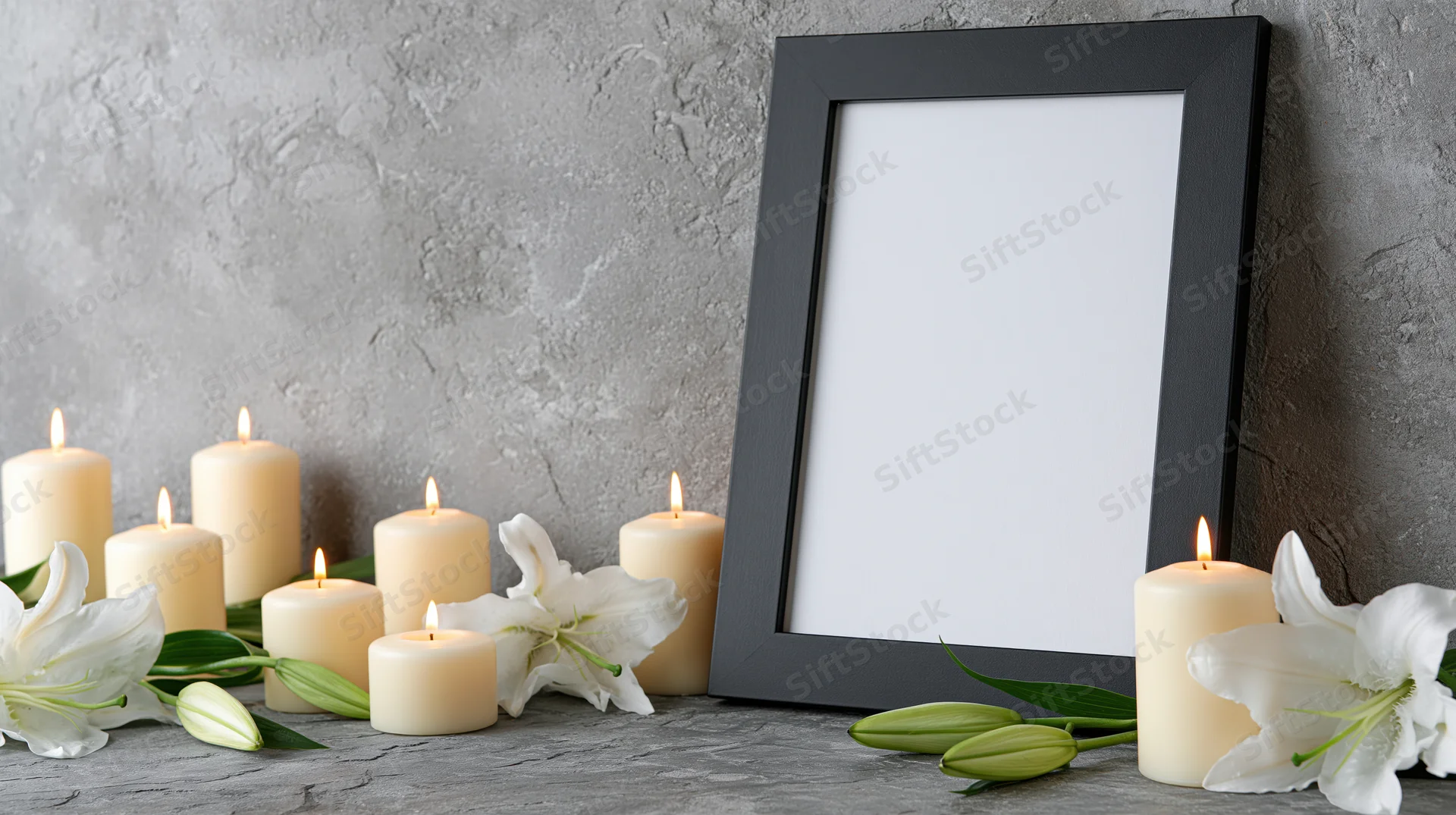 Black picture frame with blank white interior surrounded by lit candles and white lilies on a gray textured surface
