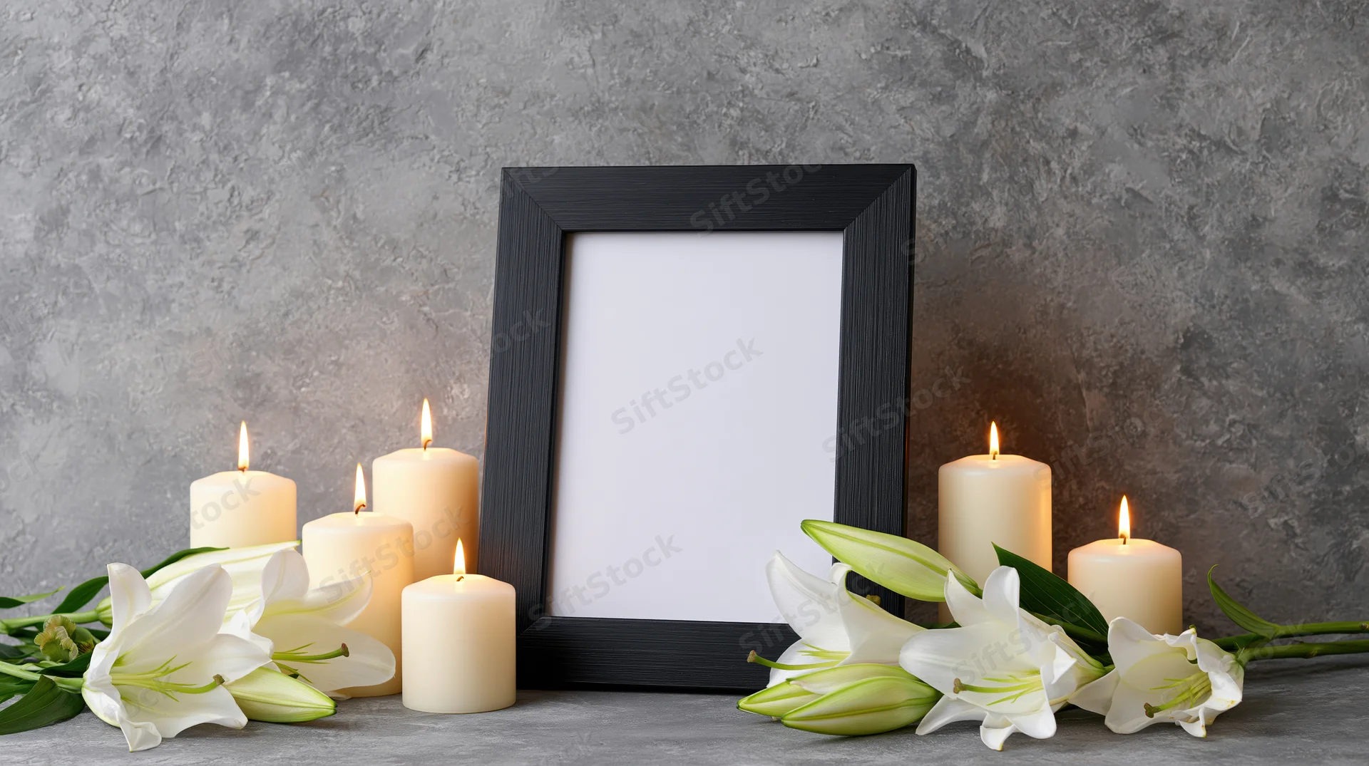 Black picture frame with lit candles and white lilies on a gray stone surface