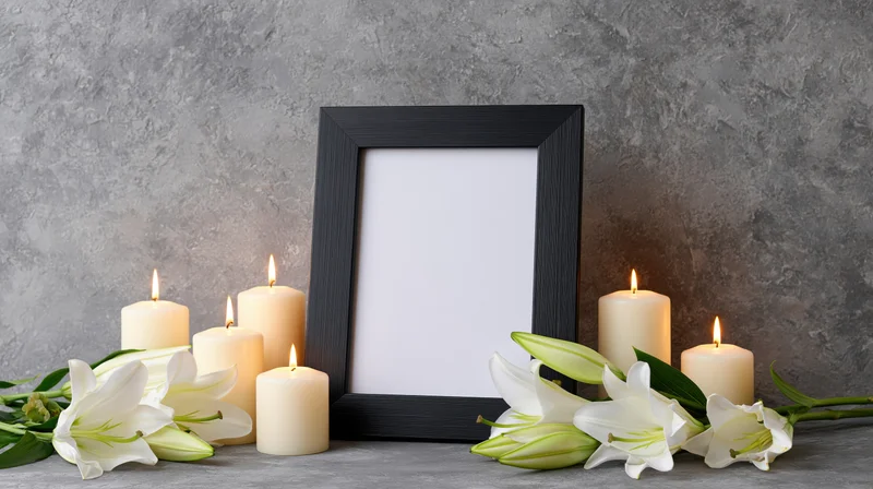 Black picture frame with lit candles and white lilies on a gray stone surface