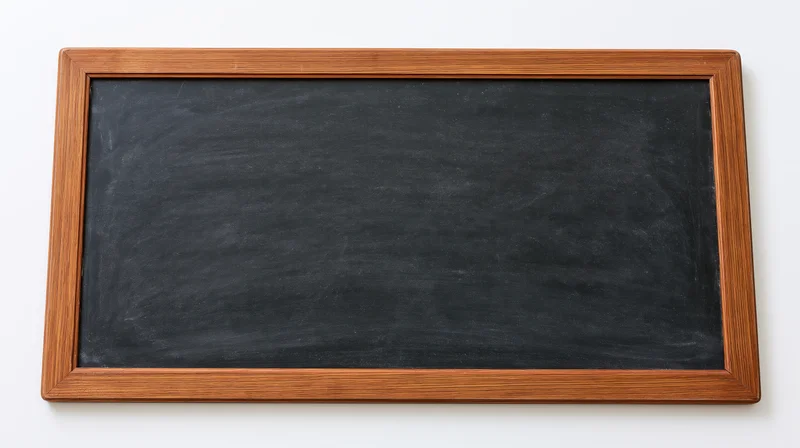 Empty blackboard with faint chalk smudges and eraser marks in wooden frame against white background