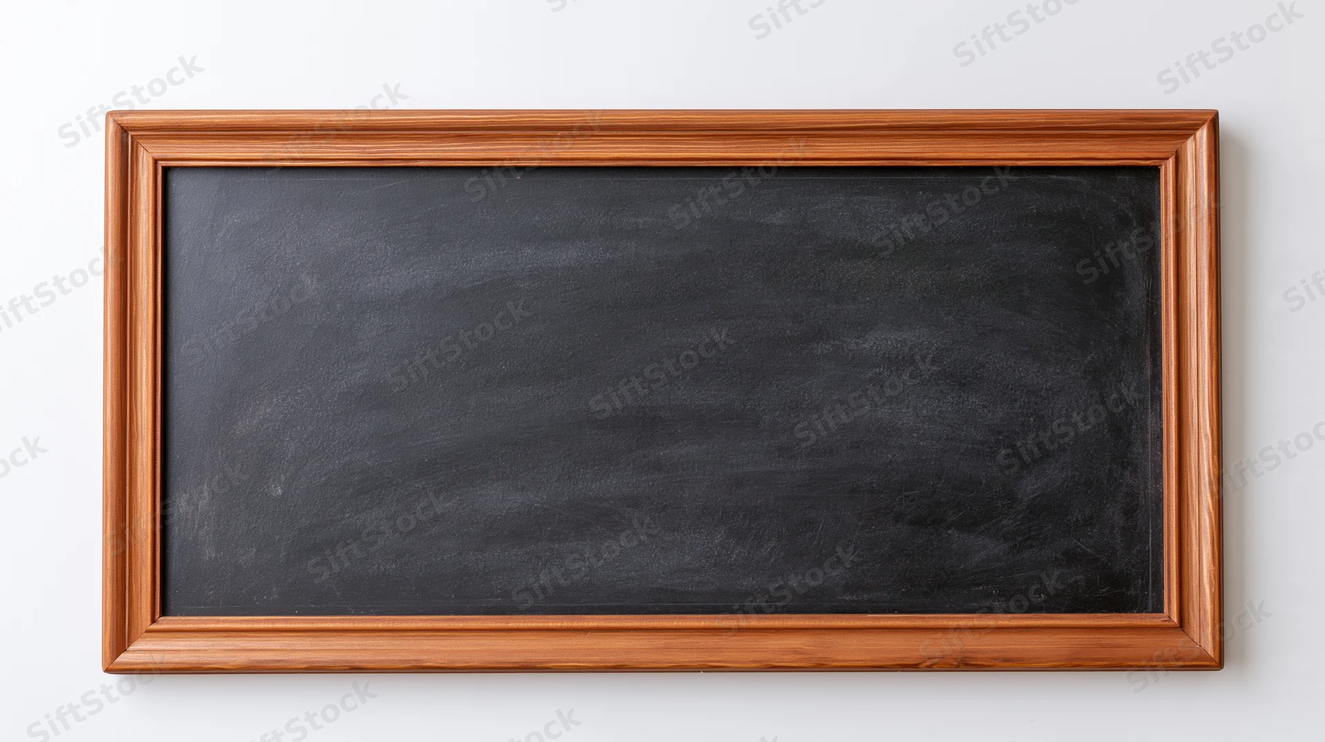 Empty blackboard with faint chalk smudges and eraser marks mounted on white wall