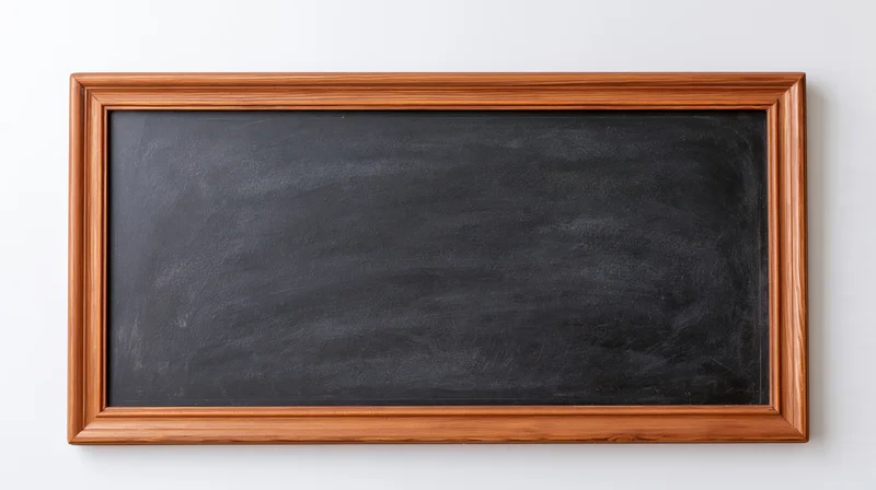 Empty blackboard with faint chalk smudges and eraser marks mounted on white wall