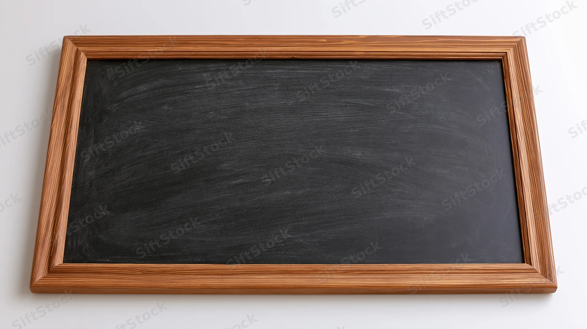 Empty blackboard with faint chalk smudges and eraser marks in wooden frame against white background