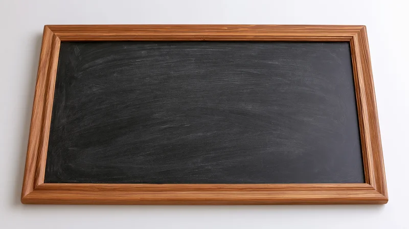Empty blackboard with faint chalk smudges and eraser marks in wooden frame against white background