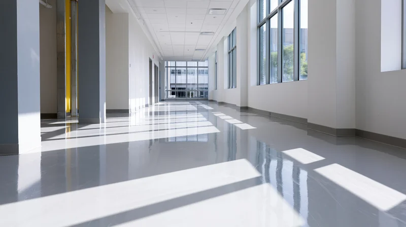 Empty commercial corridor with polished epoxy resin floor and large windows letting in sunlight