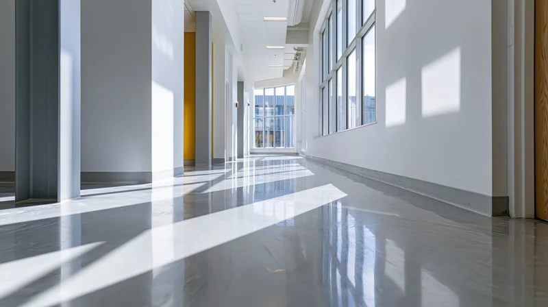 Long empty office corridor with polished epoxy floor and sunlight streaming through windows