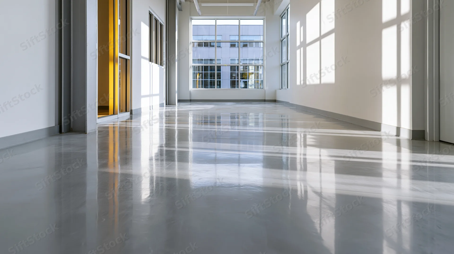Empty commercial corridor with polished epoxy resin floor and large windows