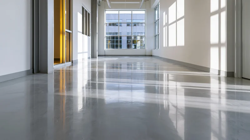 Empty commercial corridor with polished epoxy resin floor and large windows