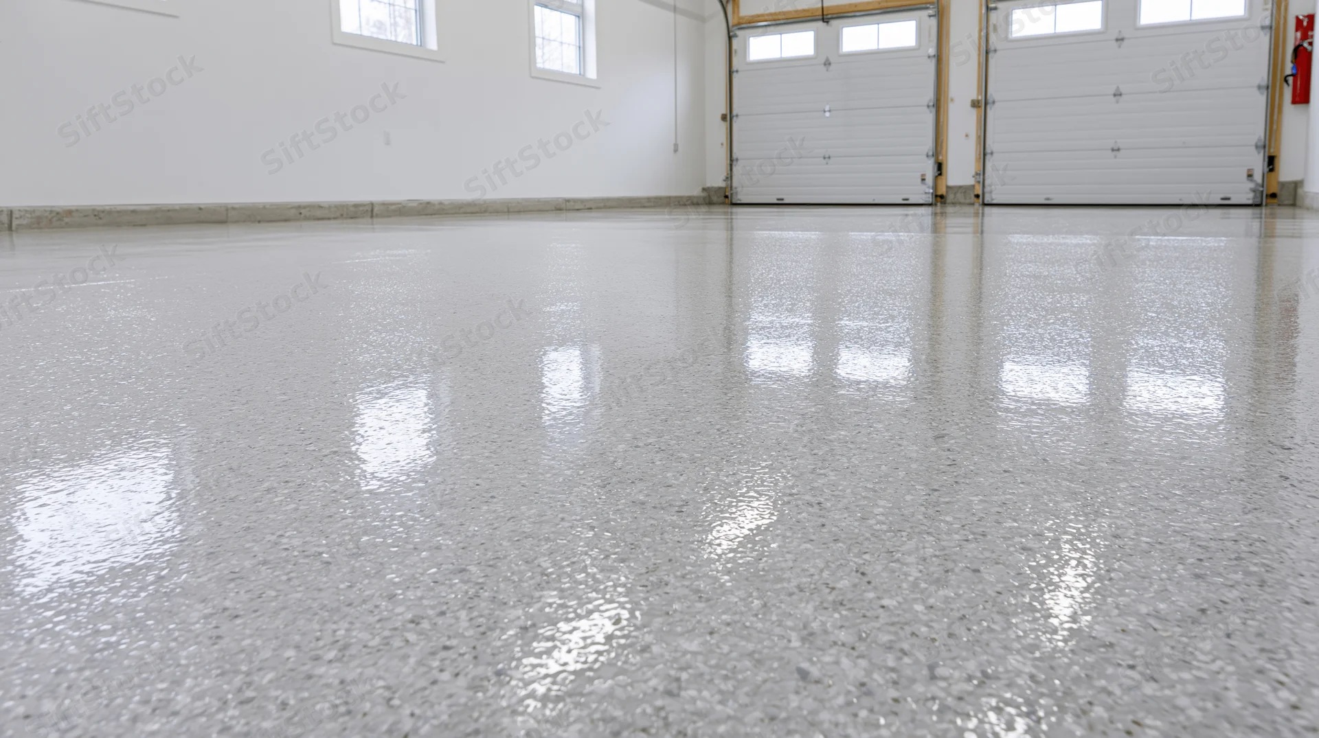 Polished epoxy floor in empty commercial garage interior