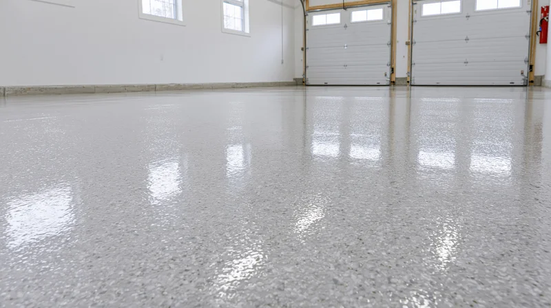 Polished epoxy floor in empty commercial garage interior