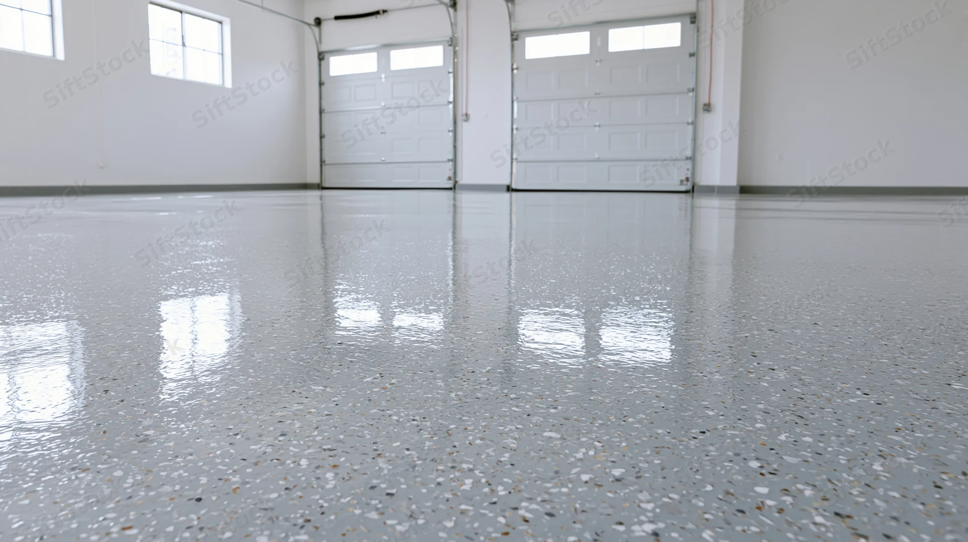 Polished epoxy floor in empty commercial garage interior