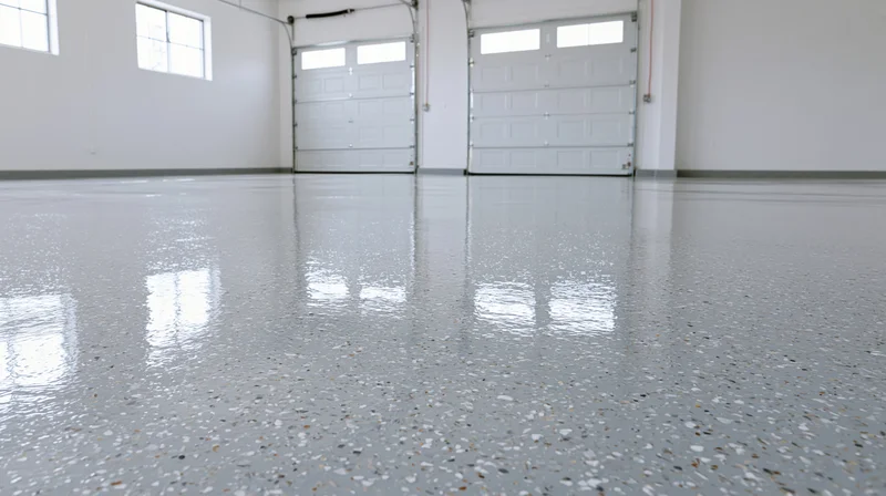 Polished epoxy floor in empty commercial garage interior