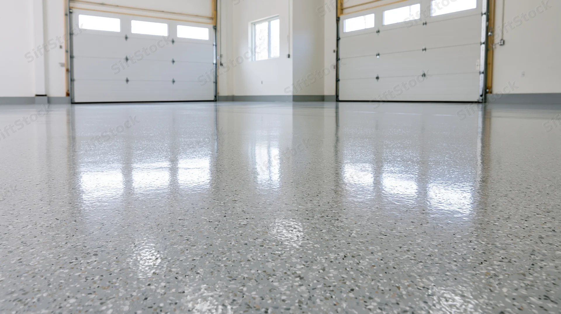 Low-angle view of a freshly coated epoxy floor in a commercial garage interior