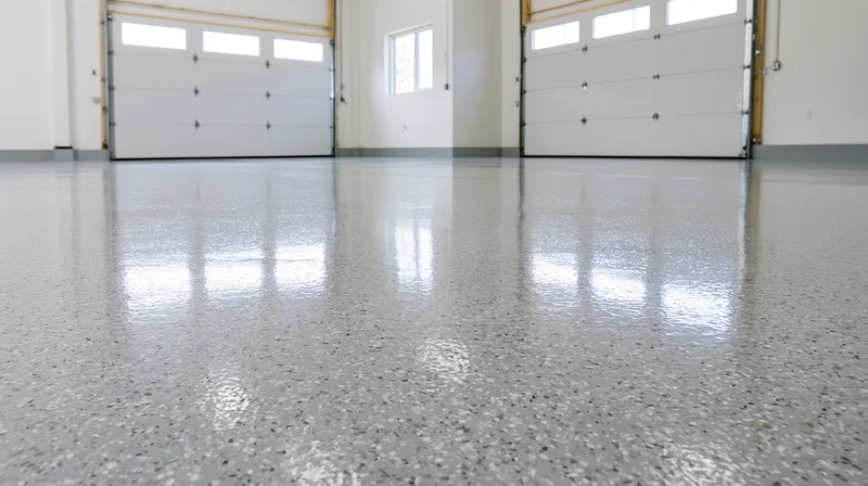 Low-angle view of a freshly coated epoxy floor in a commercial garage interior