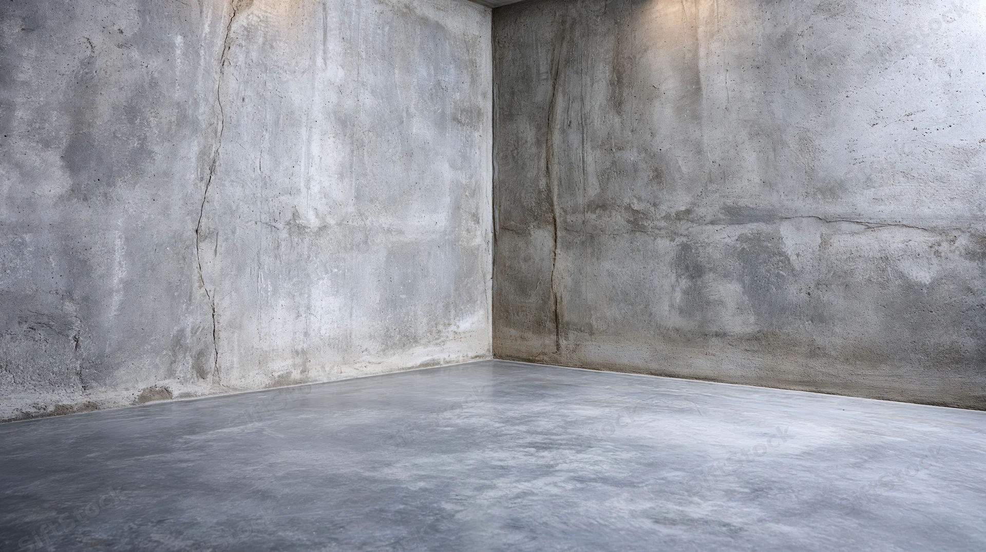 Empty concrete room with polished cement floor and bare walls meeting at corner