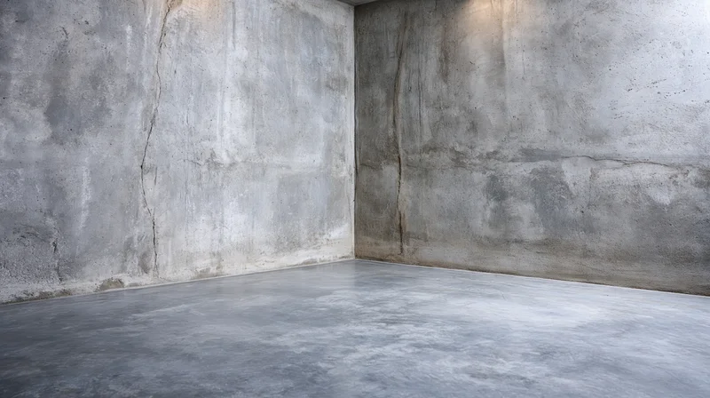 Empty concrete room with polished cement floor and bare walls meeting at corner