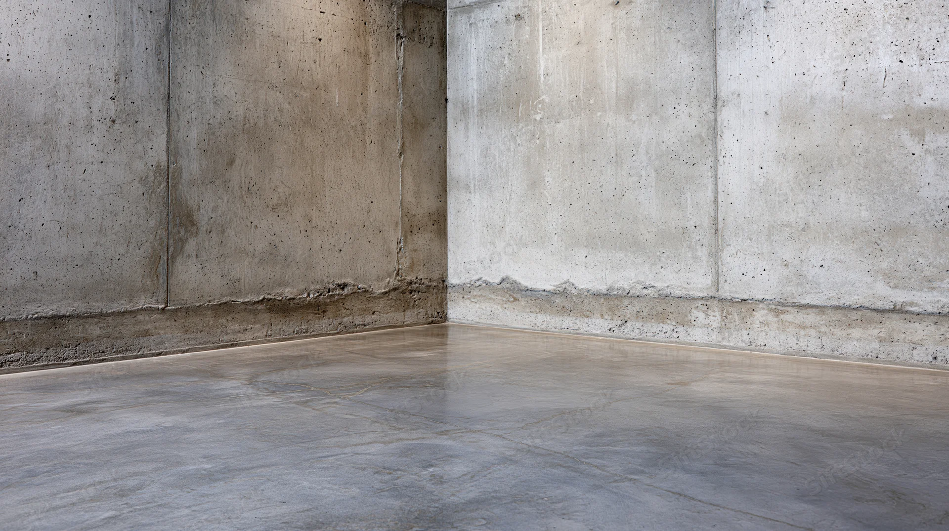 Empty concrete room with polished cement floor meeting bare walls at corner
