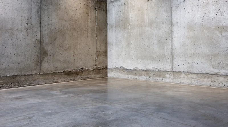 Empty concrete room with polished cement floor meeting bare walls at corner